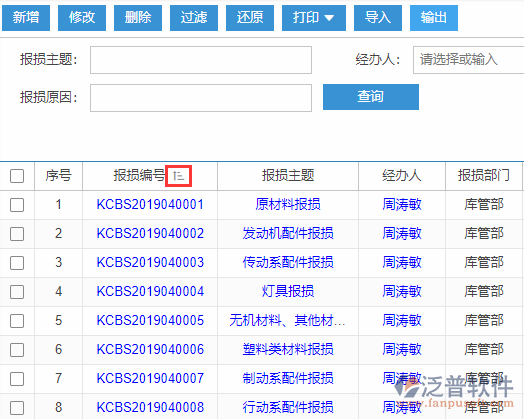 庫存報損導入表格列表排序