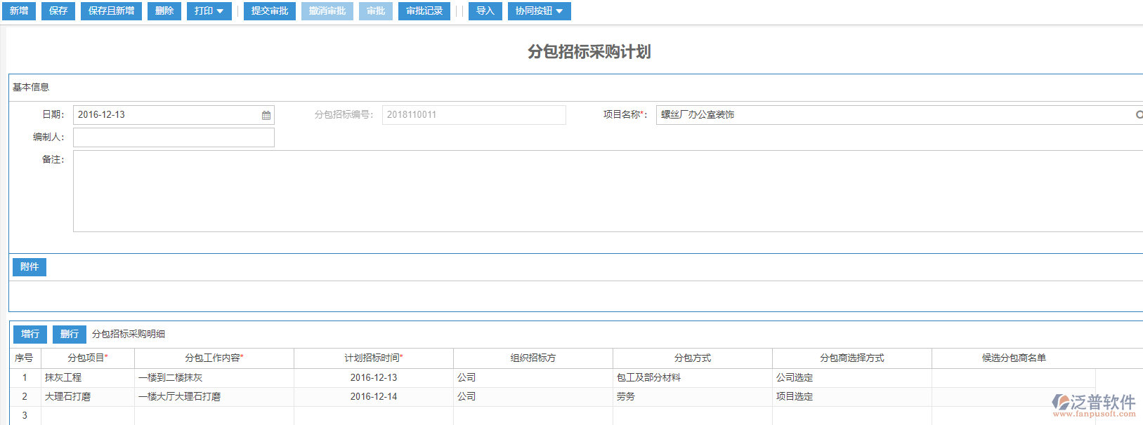 分包招標采購計劃