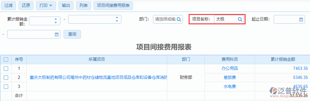 項目間接費用報表查詢