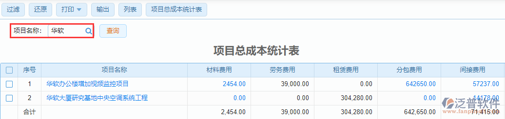 項(xiàng)目總成本統(tǒng)計(jì)表查詢(xún)