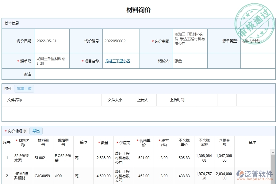泛普軟件安裝工程材料詢價(jià)單管理平臺(tái)的主要功能