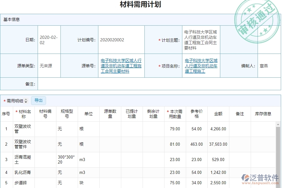 泛普電力工程企業(yè)管理中材料需用計劃明細查詢的價值