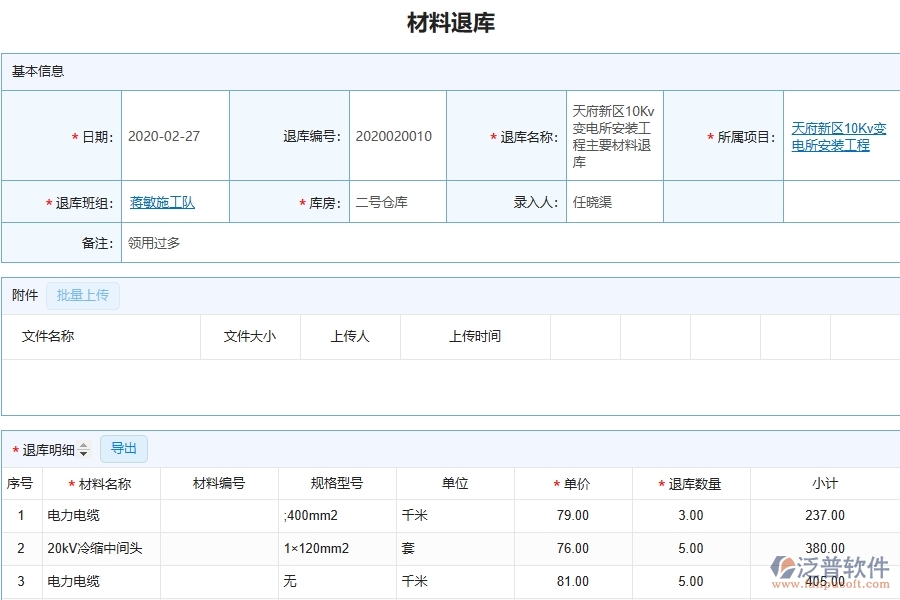 設(shè)備安裝工程項目管理系統(tǒng)在材料退庫列表中的核心功能