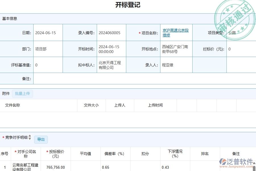 三、泛普軟件-公路工程管理系統(tǒng)中開標登記的競爭優(yōu)勢