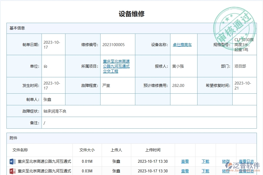 泛普軟件-路橋工程企業(yè)管理系統(tǒng)中設備安全維修管理主要功能