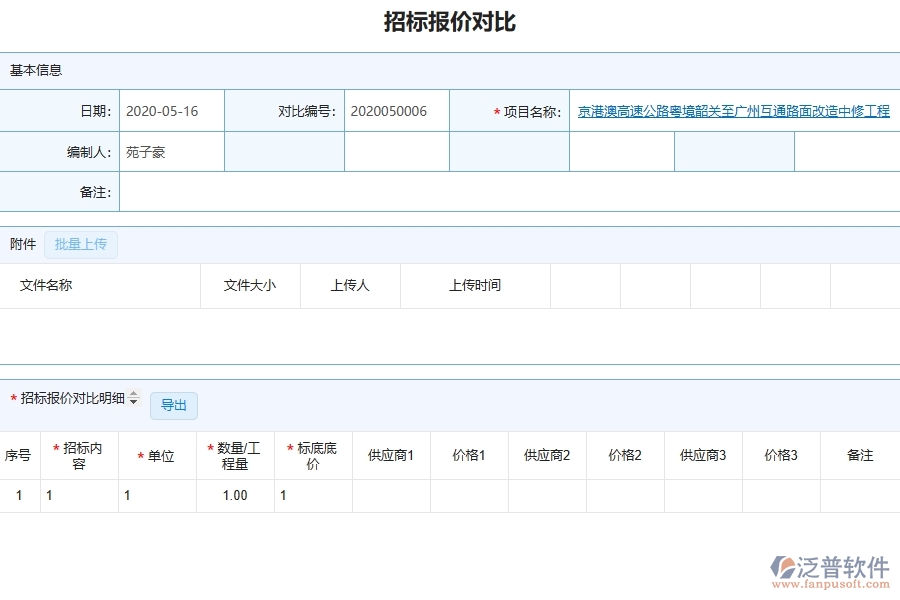 泛普軟件-路橋工程企業(yè)管理系統(tǒng)中招標(biāo)對比主要功能