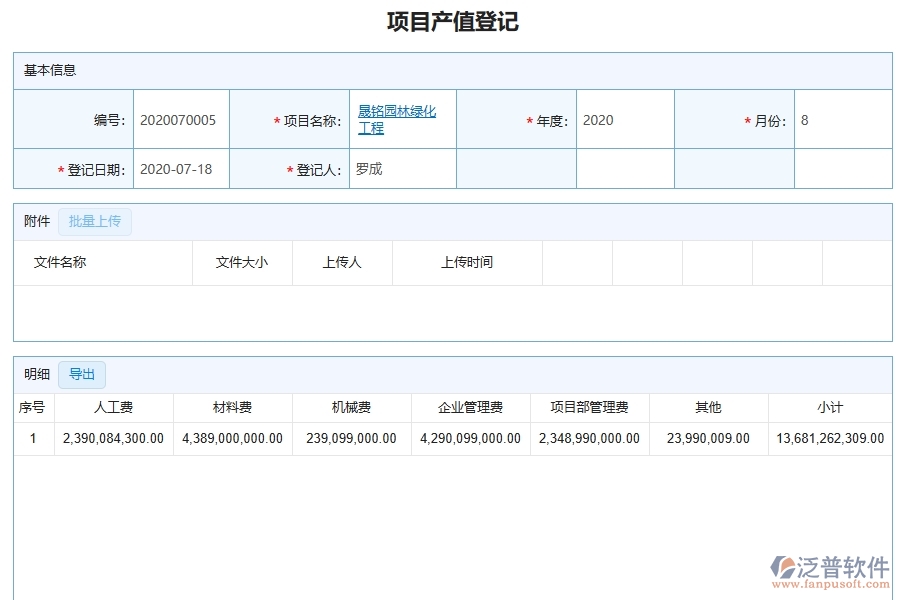 泛普軟件-園林工程企業(yè)管理系統(tǒng)中項(xiàng)目產(chǎn)值登記的主要功能