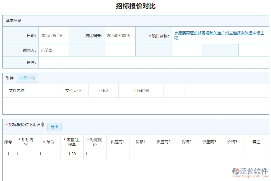 三、泛普軟件-公路工程企業(yè)管理系統(tǒng)的招標(biāo)報(bào)價(jià)對(duì)比明細(xì)查詢的管控點(diǎn)
