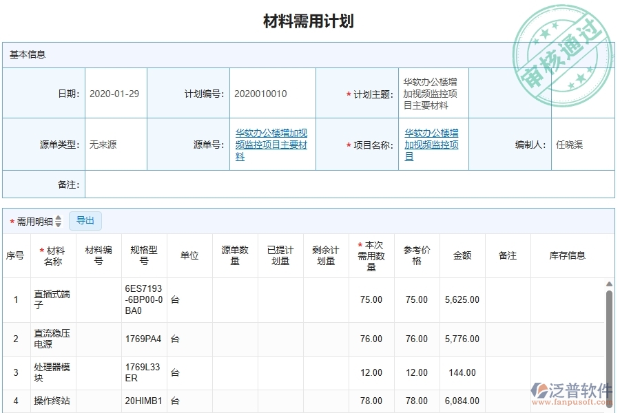 泛普軟件-的弱電工程項(xiàng)目管理系統(tǒng)在材料需用計劃明細(xì)查詢中的價值