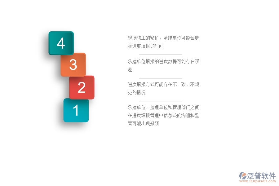 　　一、公路工程企業(yè)在進(jìn)度列表管理過程中存在的問題有哪些  　　1、現(xiàn)場施工的繁忙，承建單位可能會耽擱進(jìn)度填報(bào)的時間，導(dǎo)致監(jiān)理單位和管理部門不能及時掌握項(xiàng)目的整體進(jìn)度情況。  　　2、承建單位填報(bào)的進(jìn)度數(shù)據(jù)可能存在誤差，如進(jìn)度節(jié)點(diǎn)的處理和審核不準(zhǔn)確，影響項(xiàng)目進(jìn)度的跟蹤和管理。  　　3、進(jìn)度填報(bào)方式可能存在不一致、不規(guī)范的情況，如進(jìn)度條目的格式不正確，起始時間和結(jié)束時間不清晰等，給后續(xù)數(shù)據(jù)處理和分析帶來困難。  　　4、在進(jìn)度填報(bào)過程中可能沒有及時記錄，無法追溯，導(dǎo)致后期數(shù)據(jù)統(tǒng)計(jì)與分析時無法確定具體的數(shù)據(jù)參考來源。  　　5、可能出現(xiàn)漏填、遺漏或者不完整的情況，導(dǎo)致數(shù)據(jù)處理不準(zhǔn)確，影響后續(xù)工作的提前預(yù)警、異常處理和決策分析。  　　6、承建單位、監(jiān)理單位和管理部門之間在進(jìn)度填報(bào)管理中信息流的溝通和監(jiān)管可能出現(xiàn)瓶頸，導(dǎo)致監(jiān)管難度加大，進(jìn)度管理效果下降。  　　二、泛普軟件-公路工程企業(yè)系統(tǒng)中進(jìn)度列表管理的管控點(diǎn)  　　1、制定進(jìn)度填報(bào)的標(biāo)準(zhǔn)格式，包括條目名稱、填寫格式、單位規(guī)定等，確保各方填報(bào)數(shù)據(jù)的格式一致性和標(biāo)準(zhǔn)化。  　　2、明確進(jìn)度填報(bào)的責(zé)任人和責(zé)任部門，細(xì)化填報(bào)流程和進(jìn)度監(jiān)管機(jī)制，確保進(jìn)度數(shù)據(jù)的完整性和準(zhǔn)確性。  　　3、采用信息化手段，如進(jìn)度管理系統(tǒng)、移動App等，實(shí)現(xiàn)企業(yè)信息化管理和數(shù)據(jù)共享，促進(jìn)信息共享和協(xié)同工作。  　　4、在現(xiàn)場設(shè)立進(jìn)度填報(bào)點(diǎn)，配備專人跟蹤填報(bào)進(jìn)度數(shù)據(jù)，并對填報(bào)數(shù)據(jù)進(jìn)行審核和公示，有效控制填報(bào)數(shù)據(jù)的準(zhǔn)確性和實(shí)時性。  　　5、對進(jìn)度數(shù)據(jù)進(jìn)行分析，及時發(fā)現(xiàn)進(jìn)度異常情況并進(jìn)行預(yù)警和處理，以便保證項(xiàng)目進(jìn)度的正常推進(jìn)和提高施工效率。  　　6、將進(jìn)度填報(bào)數(shù)據(jù)進(jìn)行歸檔，建立進(jìn)度數(shù)據(jù)檔案庫，方便后期數(shù)據(jù)的查找和溯源，也便于后續(xù)的經(jīng)驗(yàn)總結(jié)和管理優(yōu)化。  　　三、泛普軟件-公路工程系統(tǒng)中進(jìn)度列表管理的技術(shù)優(yōu)勢  　　1、提高數(shù)據(jù)處理和分析的效率，實(shí)現(xiàn)實(shí)時數(shù)據(jù)共享和協(xié)同工作，減少重復(fù)工作和數(shù)據(jù)錯誤，提升工作效率和施工質(zhì)量。  　　2、相較于傳統(tǒng)手工填寫，數(shù)據(jù)的準(zhǔn)確性和實(shí)時性得到了很大程度上的提升，能夠更為精準(zhǔn)地掌握項(xiàng)目進(jìn)度的狀態(tài)，提升項(xiàng)目和施工質(zhì)量。  　　3、通過數(shù)據(jù)歸檔和建立數(shù)據(jù)檔案庫的方式，將填報(bào)的數(shù)據(jù)進(jìn)行歸檔，能夠方便后續(xù)的數(shù)據(jù)查找、溯源和數(shù)據(jù)分析，為后續(xù)工作提供數(shù)據(jù)支撐和決策依據(jù)。  　　4、實(shí)現(xiàn)不同部門和人員之間的信息共享和協(xié)同工作，能夠減少信息孤島和信息壁壘的出現(xiàn)，提高協(xié)同工作效率和施工質(zhì)量。  　　5、及時發(fā)現(xiàn)和處理施工過程中的問題和風(fēng)險，及時調(diào)整和優(yōu)化施工進(jìn)度和資源配置，提高工作流程和管理效率。  　　四、泛普軟件-公路工程管理系統(tǒng)在進(jìn)度列表中的解決方案  　　1、數(shù)據(jù)采集：通過系統(tǒng)采集設(shè)備監(jiān)測、人員作業(yè)等數(shù)據(jù)，實(shí)現(xiàn)數(shù)據(jù)自動化和準(zhǔn)確性。  　　2、進(jìn)度分解：將工程項(xiàng)目按工序分解成多個節(jié)點(diǎn)，通過進(jìn)度管理系統(tǒng)進(jìn)行進(jìn)度規(guī)劃，確定各工序的計(jì)劃開始時間、結(jié)束時間、工期等信息，形成進(jìn)度計(jì)劃表。  　　3、進(jìn)度跟蹤：通過實(shí)時監(jiān)控工程進(jìn)度，對進(jìn)度偏差情況進(jìn)行預(yù)警和報(bào)警，及時調(diào)整進(jìn)度計(jì)劃，保證施工工序按照計(jì)劃有序進(jìn)行。  　　4、進(jìn)度協(xié)同：系統(tǒng)內(nèi)部溝通協(xié)作，實(shí)現(xiàn)不同人員、部門的進(jìn)度信息共享和協(xié)同工作，減少信息重復(fù)填寫和過時的情況，提高工作效率。  　　5、進(jìn)度分析：通過進(jìn)度數(shù)據(jù)分析，快速判斷工程進(jìn)度的偏差情況和原因，對進(jìn)度延誤和提前因素進(jìn)行分析和處理，提高工程質(zhì)量和效益。  　　6、進(jìn)度報(bào)告：根據(jù)進(jìn)度數(shù)據(jù)生成報(bào)表和圖表，實(shí)現(xiàn)進(jìn)度數(shù)據(jù)的可視化展示，為管理決策提供數(shù)據(jù)支撐。