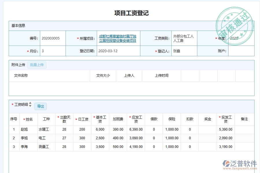 泛普軟件-弱電工程企業(yè)管理系統(tǒng)的項(xiàng)目部工資匯總管理為工程企業(yè)帶來管理革新