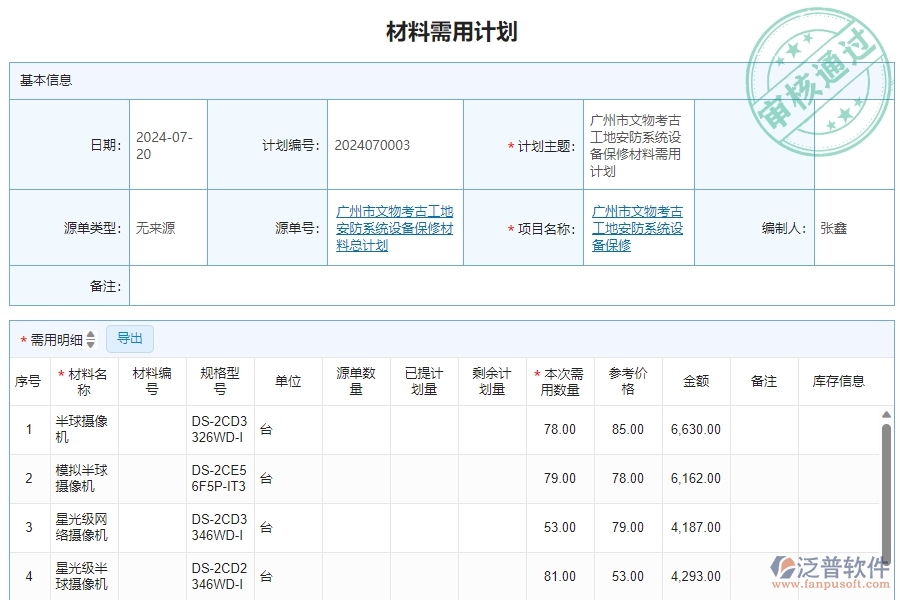 三、安防工程企業(yè)使用泛普軟件-材料需用計(jì)劃明細(xì)查詢管理的好處