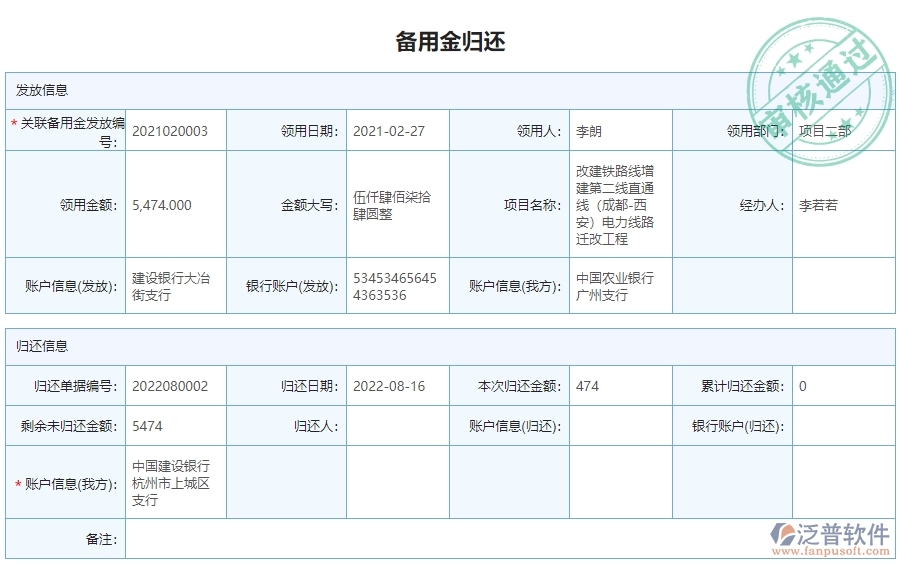 三、泛普軟件-公路工程企業(yè)管理系統(tǒng)中備用金歸還列表的內(nèi)容