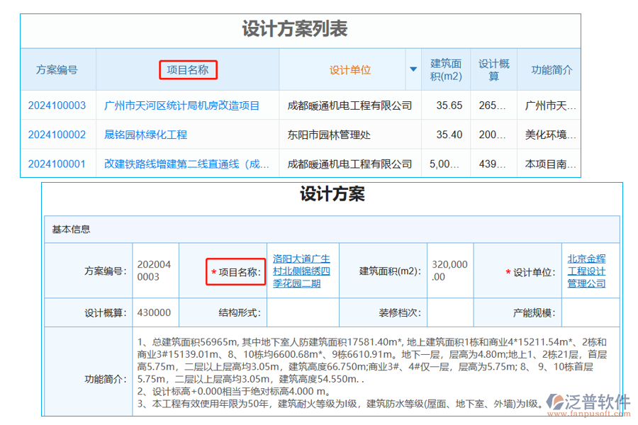 設(shè)計方案列表中【項(xiàng)目名稱】字段