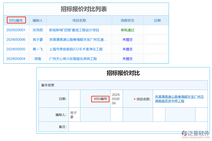 招標(biāo)報價對比列表中【對比編號】字段