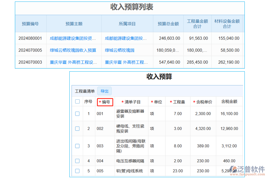 收入預算列表中【工程量清單編號】字段